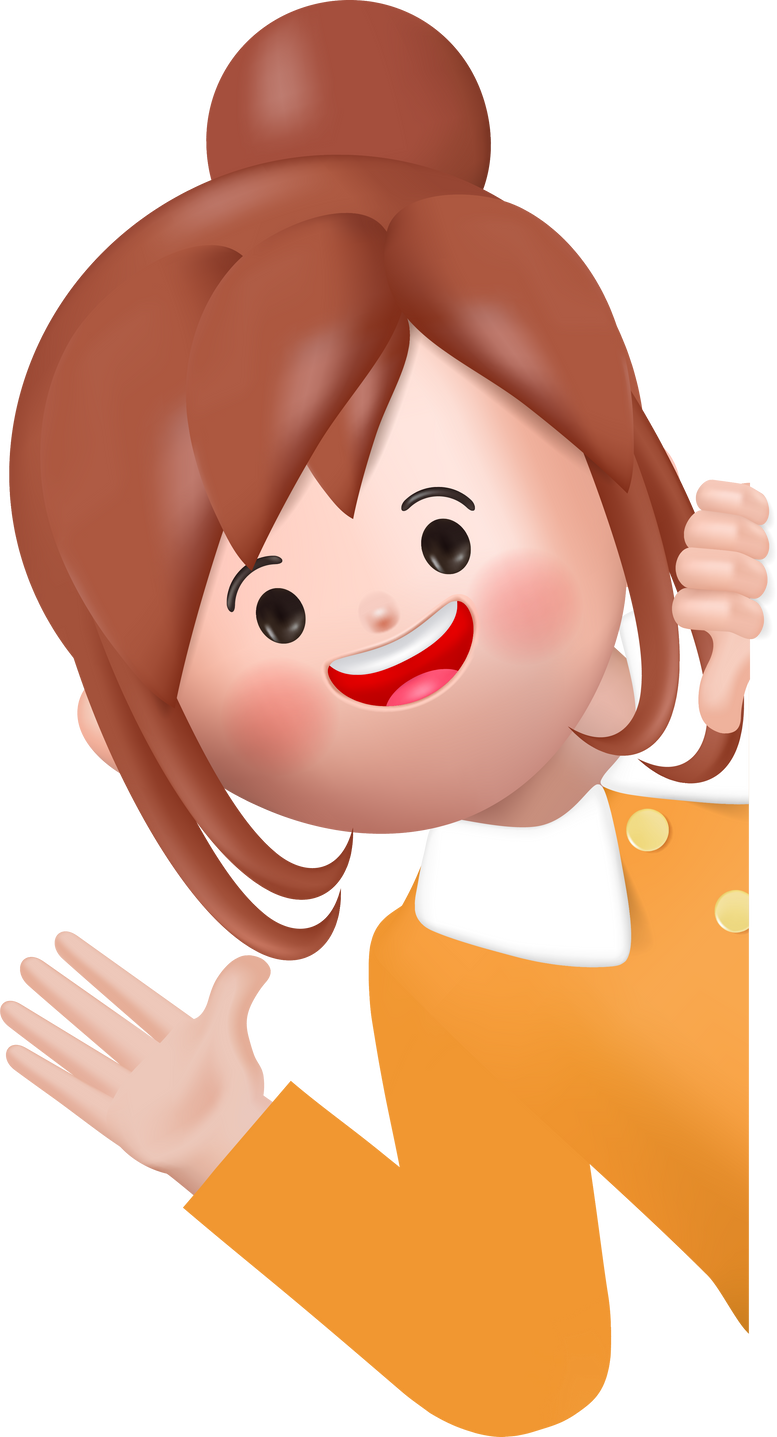 3d cute woman peeking from behind wall character clipart element.